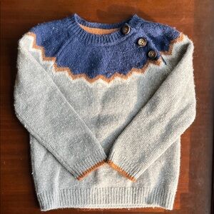 Baby Boden Gray Sweater with Blue Yoke and Rust Accents